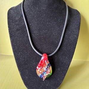 Red and Blue Glass Pendant Necklace with Organic Shape